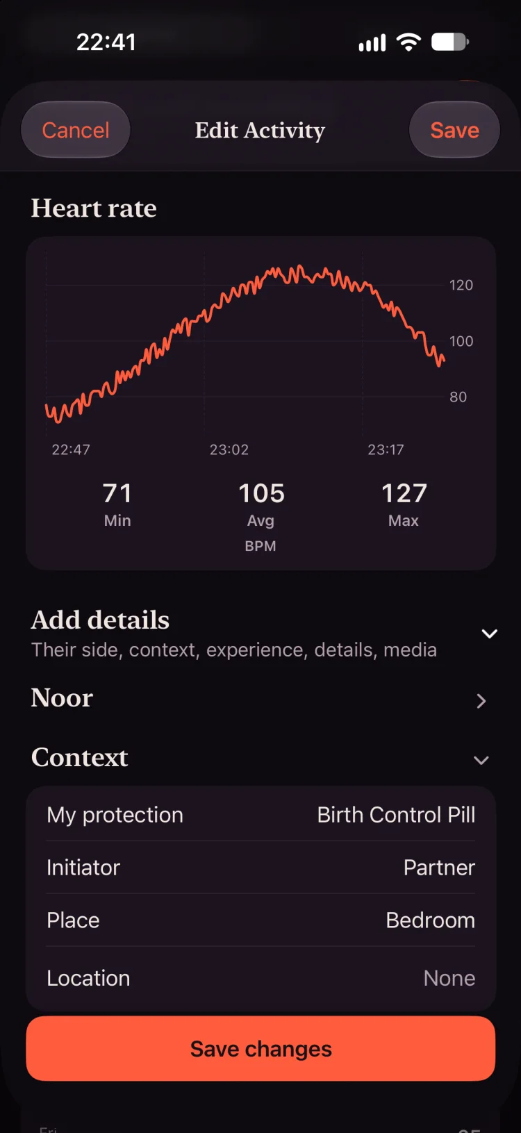 A session's heart rate chart: minimum 71, average 105, maximum 127 bpm
