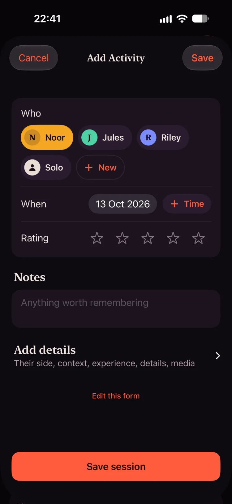 Add Activity: choose who (Noor, Jules, Riley or Solo), when and a star rating, then Save session