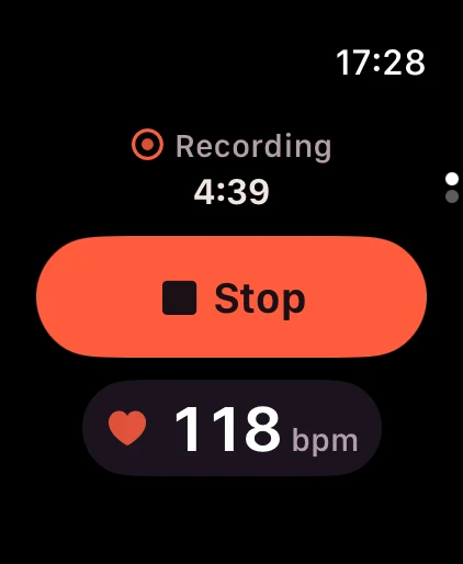 Watch: Recording, 4:39, Stop, 118 bpm